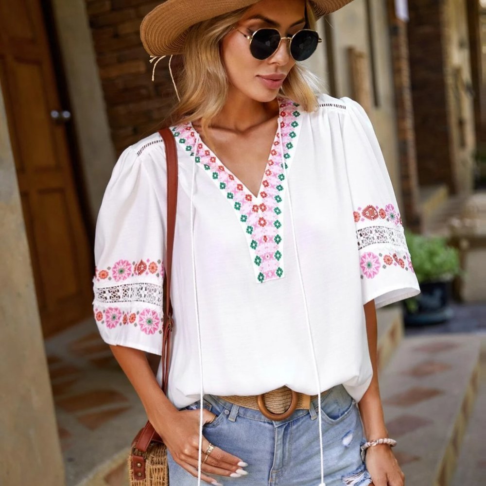 White Boho Womens Floral Print Tassel Tie Neck Puff Sleeve Blouse - Picture 3 of 5